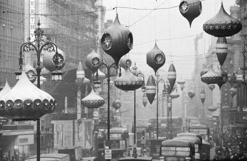 #17 Christmas lights and decorations in Regent Street, London, 1961.