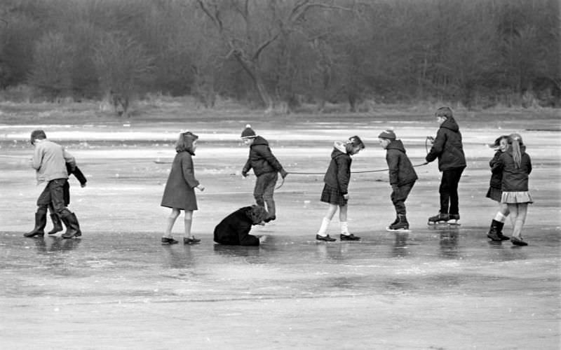 #33 Children skating on the ice at Welch’s Meadow, Leamington, 1969.