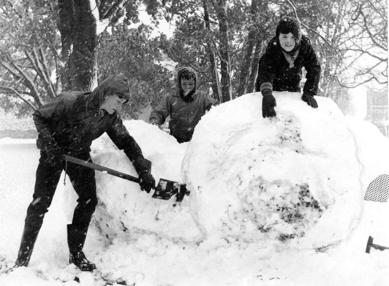 #36 Three boys built their igloo at Roath Park, Cardiff, 1966.