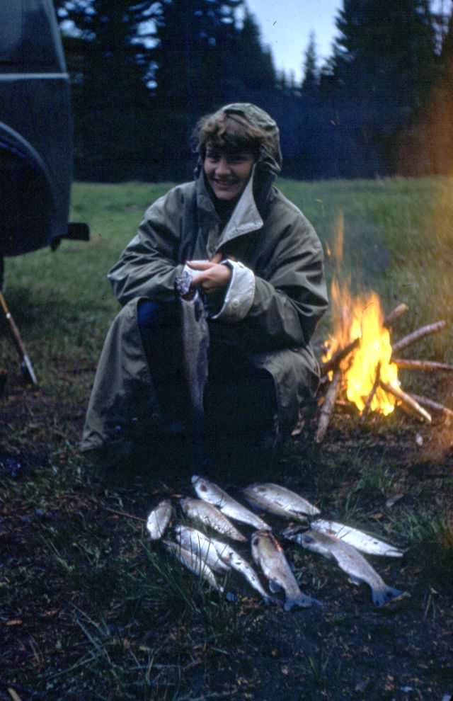 #6 Arlene Smith, campfire and catch, Clearwater, British Columbia, Canada, June 1954