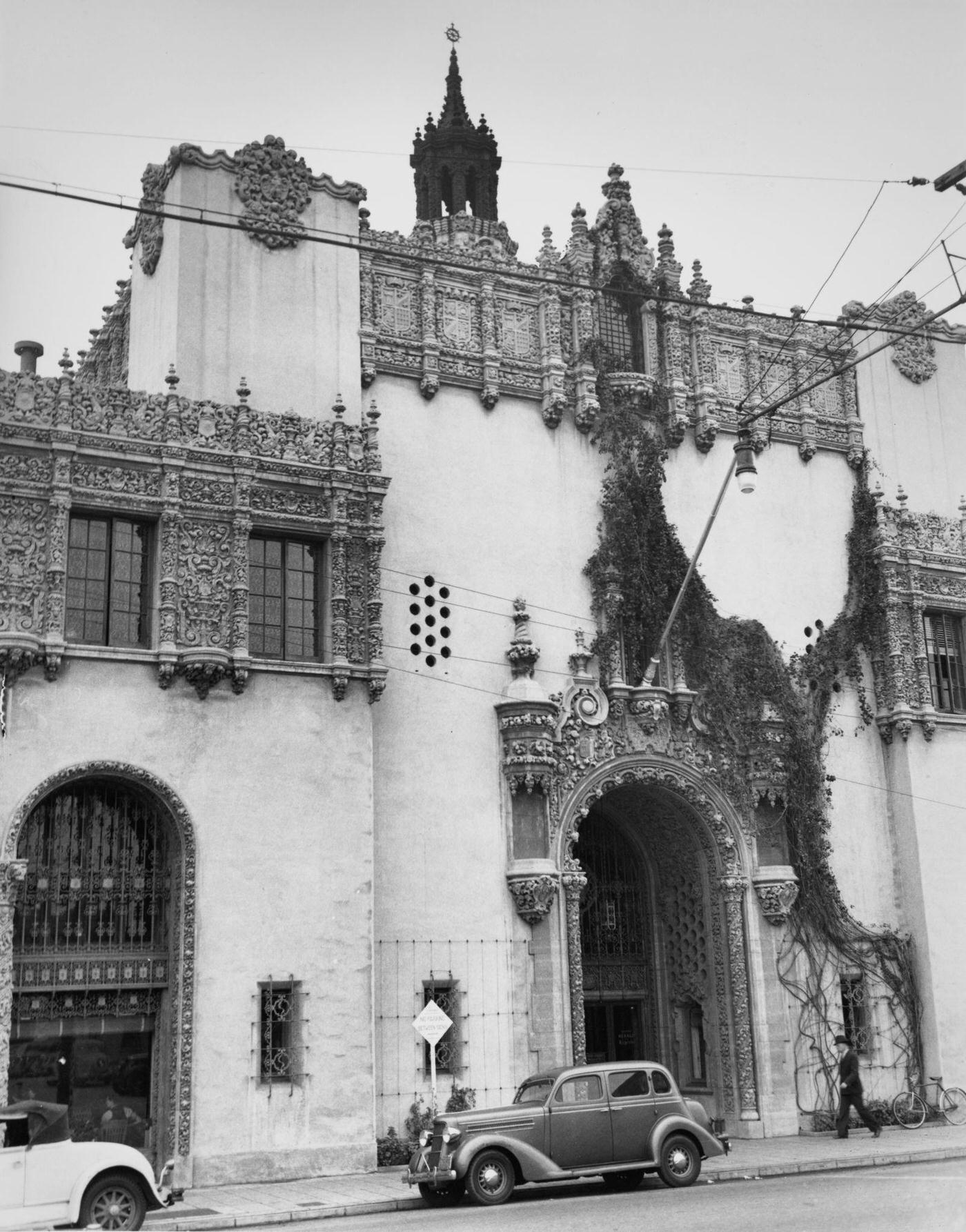#124 Exterior view of the Los Angeles Examiner Building, situated at the southwest corner of Broadway and 11th Streets in Los Angeles, 1939.