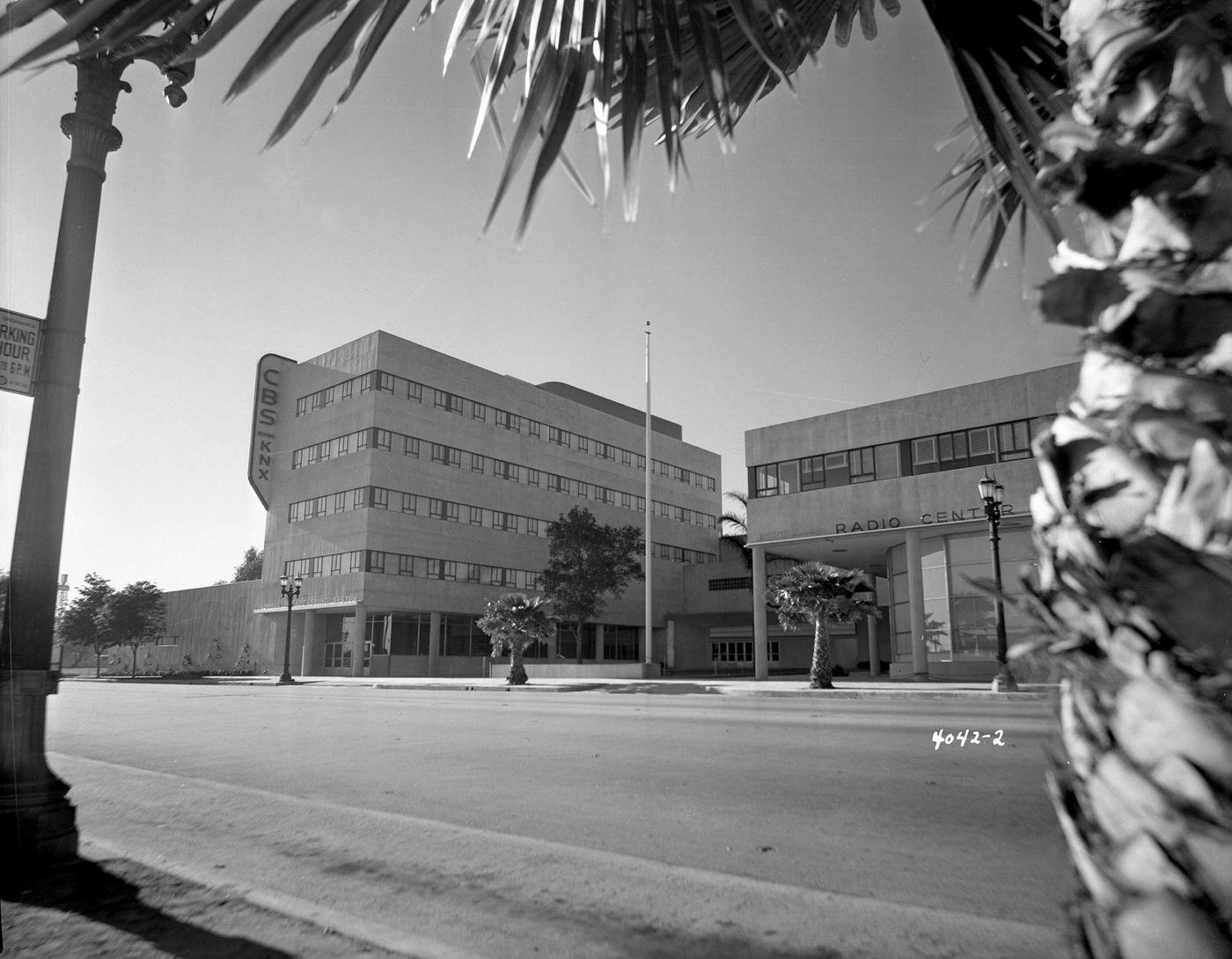 #125 Exterior view of the CBS Columbia Square KNX Art Deco style building on Sunset Boulevard, Hollywood, California, 1938.