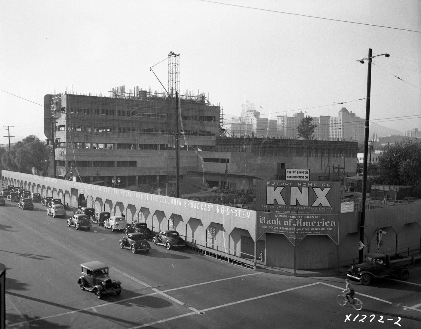 #126 View of unfinished CBS Columbia Square KNX Art Deco style building, looking northwest from Gower Street, Los Angeles, 1938.