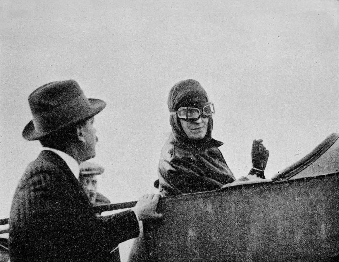 Miss Trehawke-Davies in the passenger’s seat of one of her Bleriot monoplanes, 1913