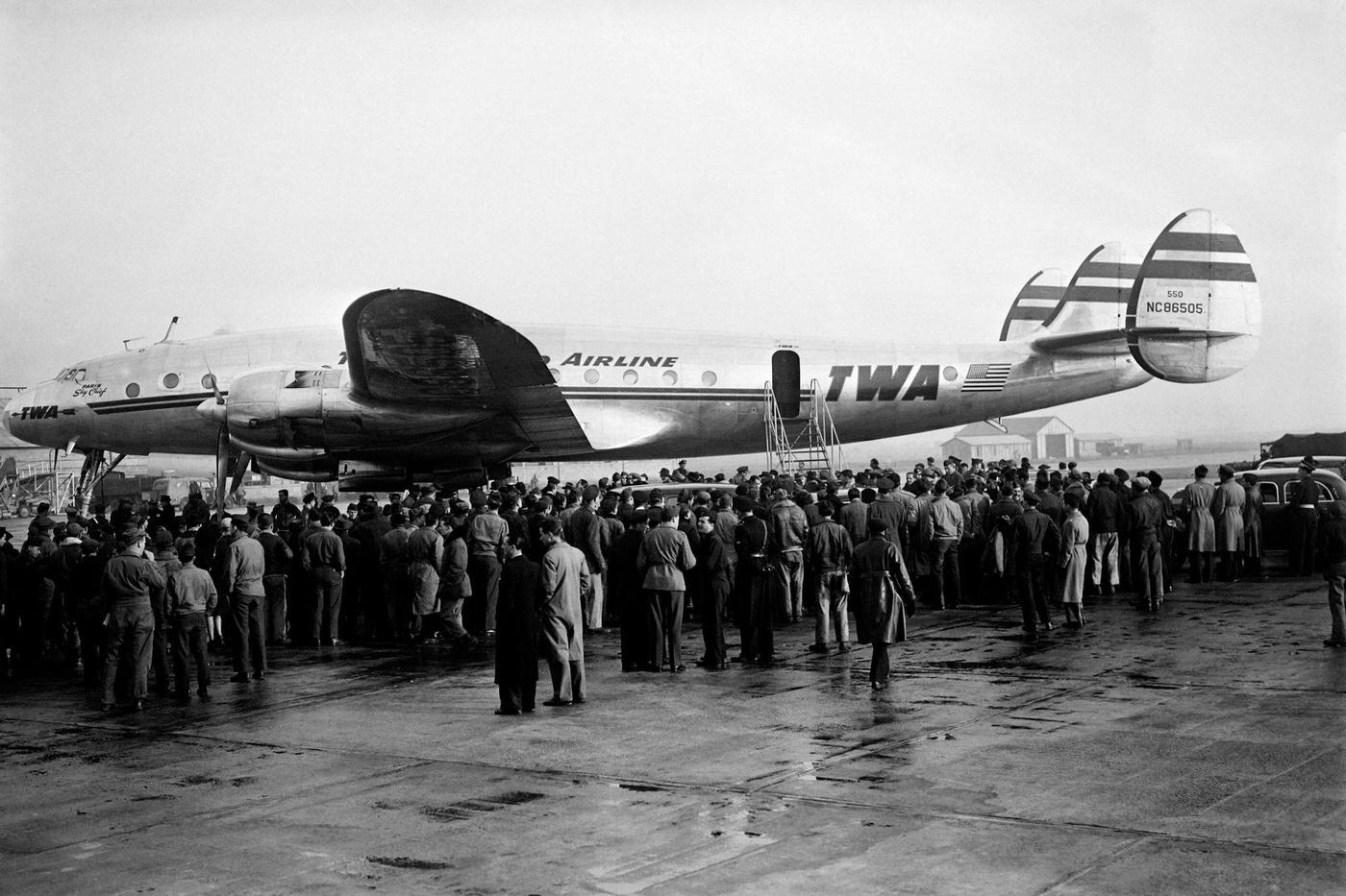 The Transcontinental &; Western Air airlines (T&;WA, TWA from 1950) Lockheed Constellation named “Paris Sky chief” with registration number NC86505 arrives at Orly airport near Paris.