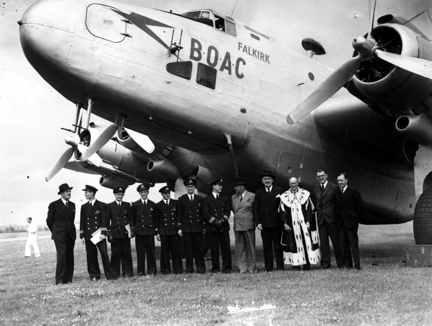 The first of the Handley Page ‘Halton’ aircraft, the civil transport version of the Halifax bomber, with its interior changed for passenger accommodation, is christened the BOAC ‘Falkirk’ in 1946.