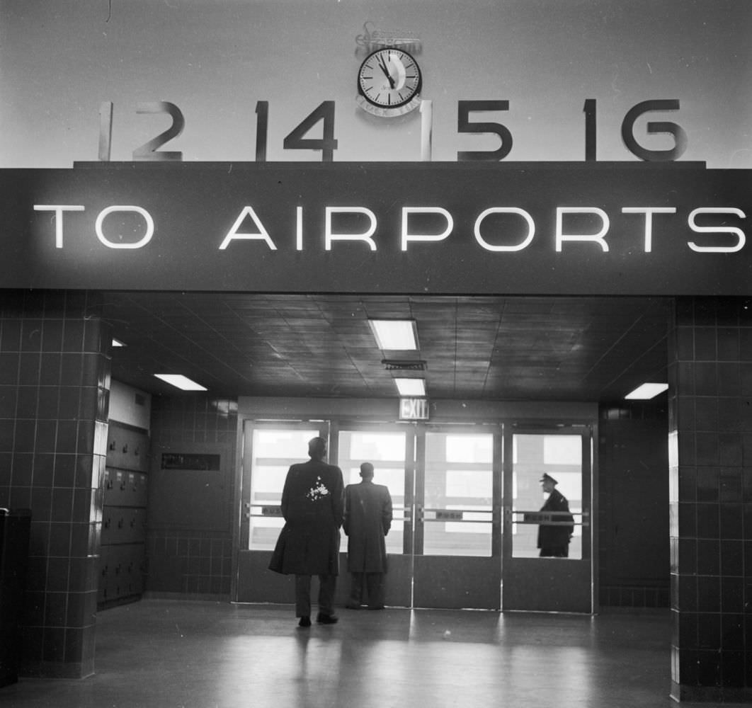 #9 New York’s East Side Airlines Terminal which operates on a 24-hour basis to provide transportation to every flight leaving from the city’s various airports, 1955.