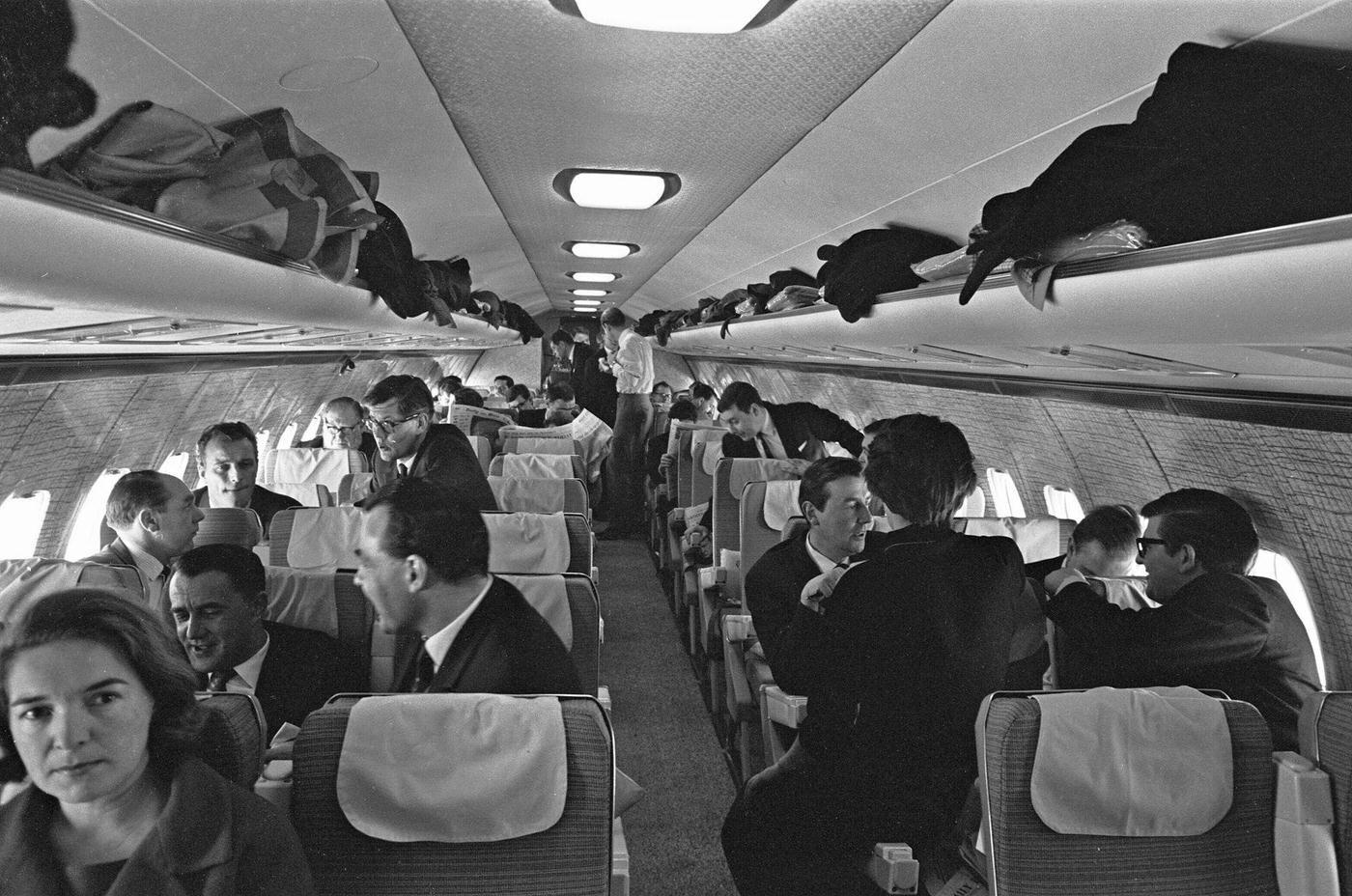 Passengers boarding the first of the British United Airlines proving flights for their new BAC 1-11 aircraft. January 27, 19– (year missing).