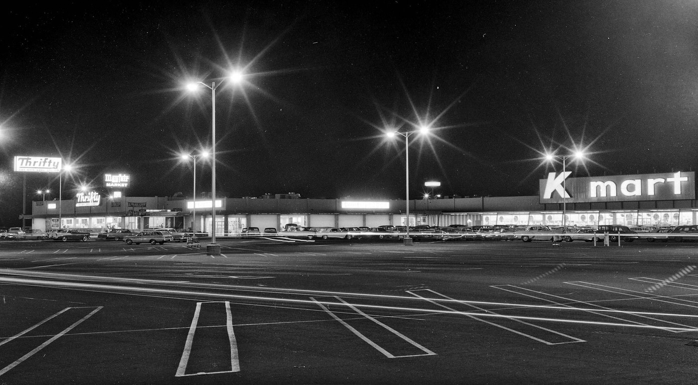 #12 A 1964 evening view of the K-Mart shopping center at Kings Canyon Road (Hiway 180) and Chestnut Avenue in east Fresno California.