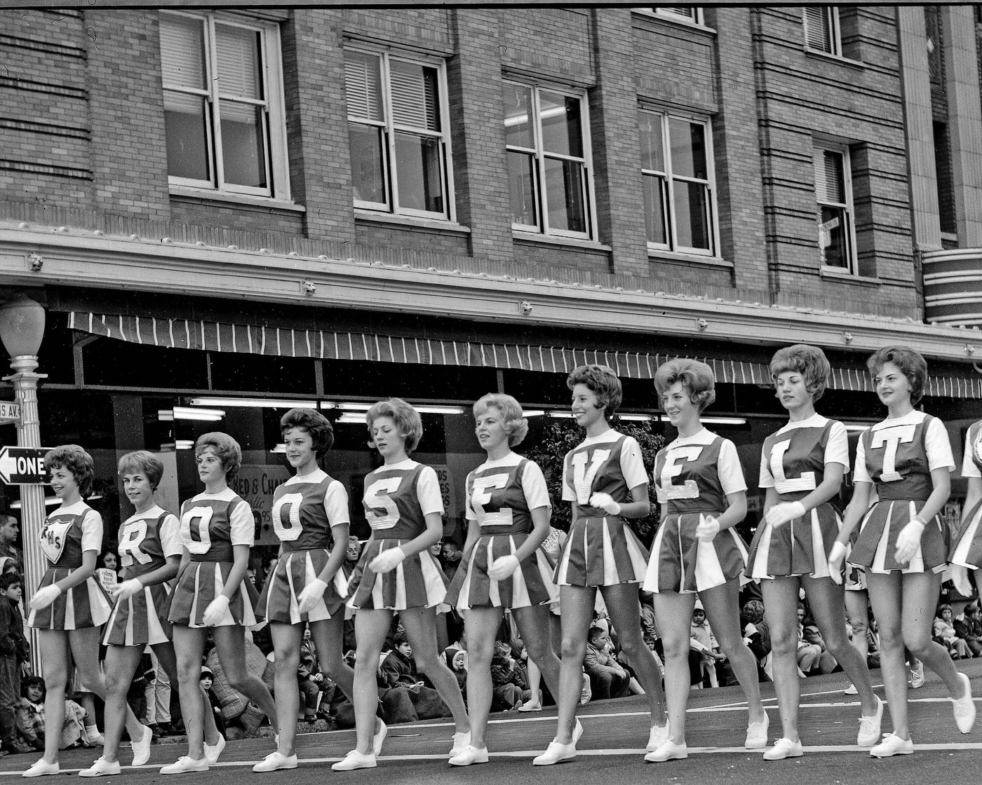 #23 On Van Ness at the Tulare Street intersection in Fresno, California. The Chester Rowell Building is in the background. These are the Roosevelt High School letter girls.