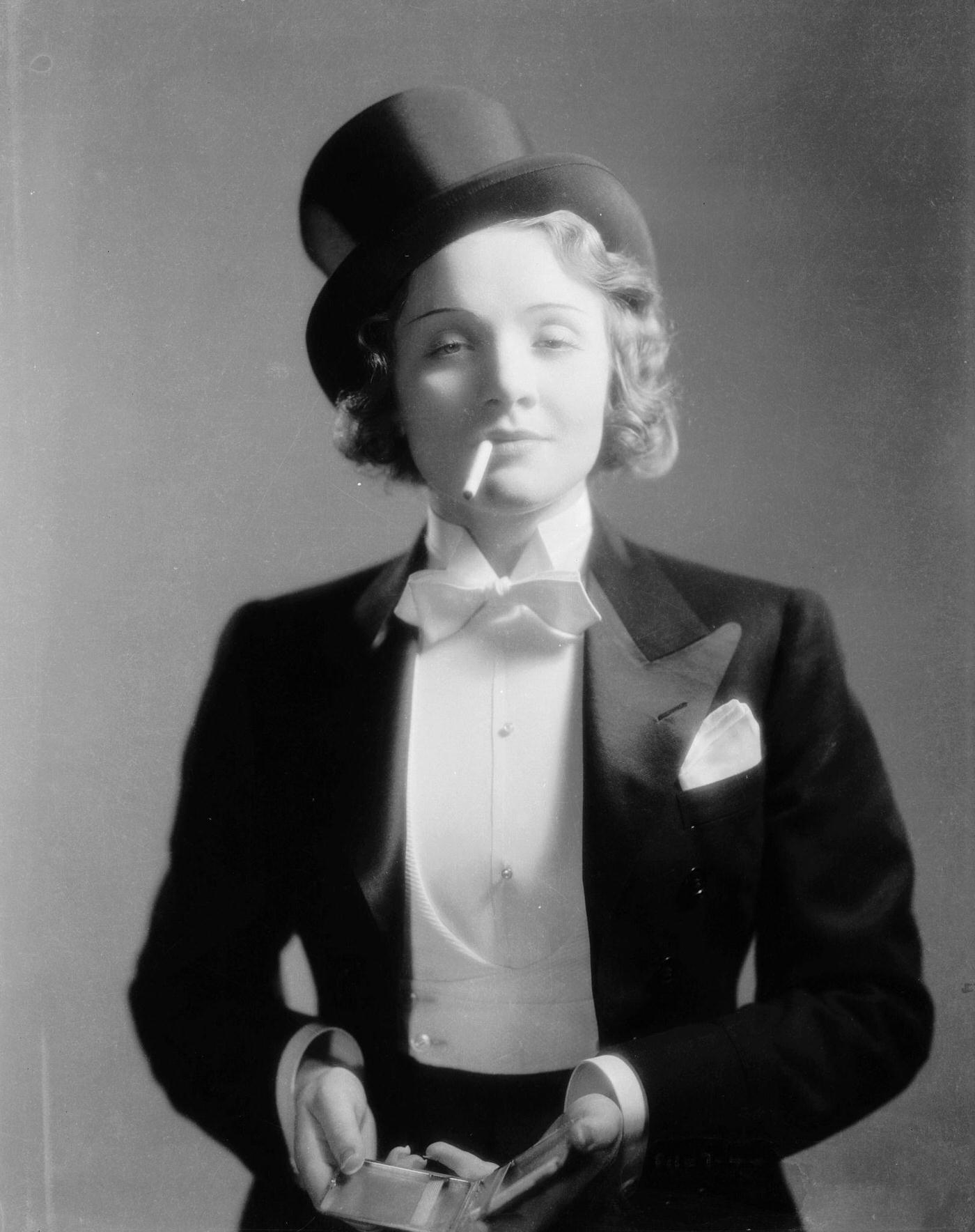 #47 Marlene Dietrich makes her Hollywood film debut as Amy Jolly, dressed in a tuxedo in ‘Morocco,’ directed by Josef von Sternberg.