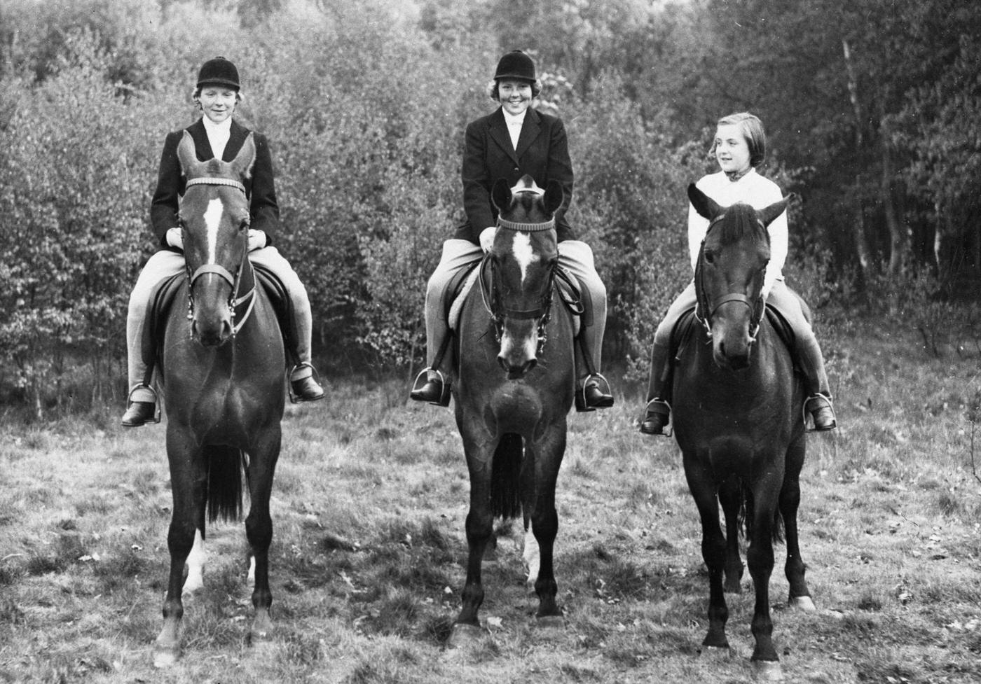 #24 Dutch Royal Family: Princess Irene (14), Princess Beatrix (16), and Princess Margriet (11) ride horses at Grebbeberg, the Netherlands, daughters of Queen Juliana and Prince Bernhard of the Netherlands.