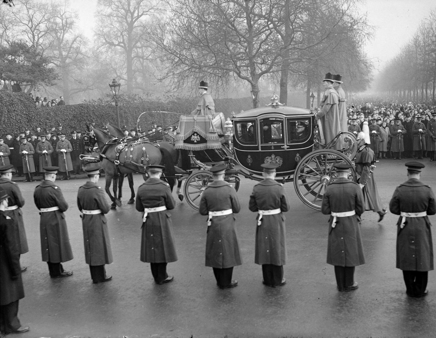 #36 The carriage carrying Haakon VII, King of Norway, Queen Juliana of the Netherlands, the Duchess of Gloucester and the Duchess of Kent in the funeral procession of King George VI in the Mall.