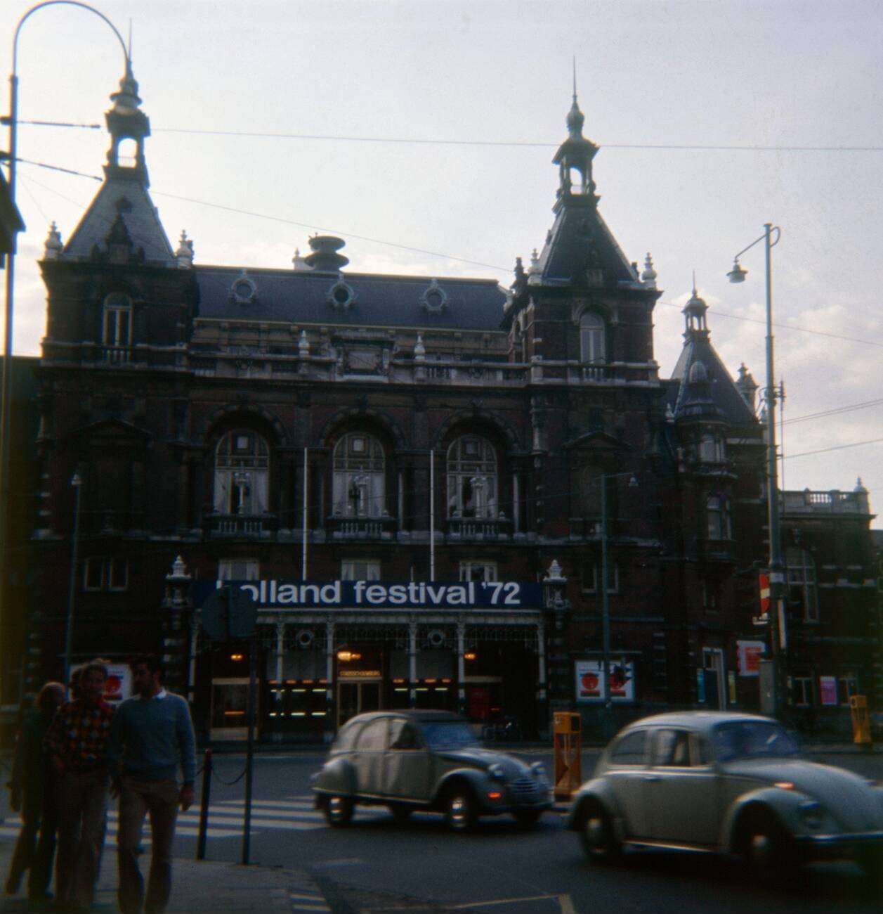 #28 A vintage circa 1972 photograph of a building in Amsterdam, The Netherlands, with a banner for Holland Festival ’72.