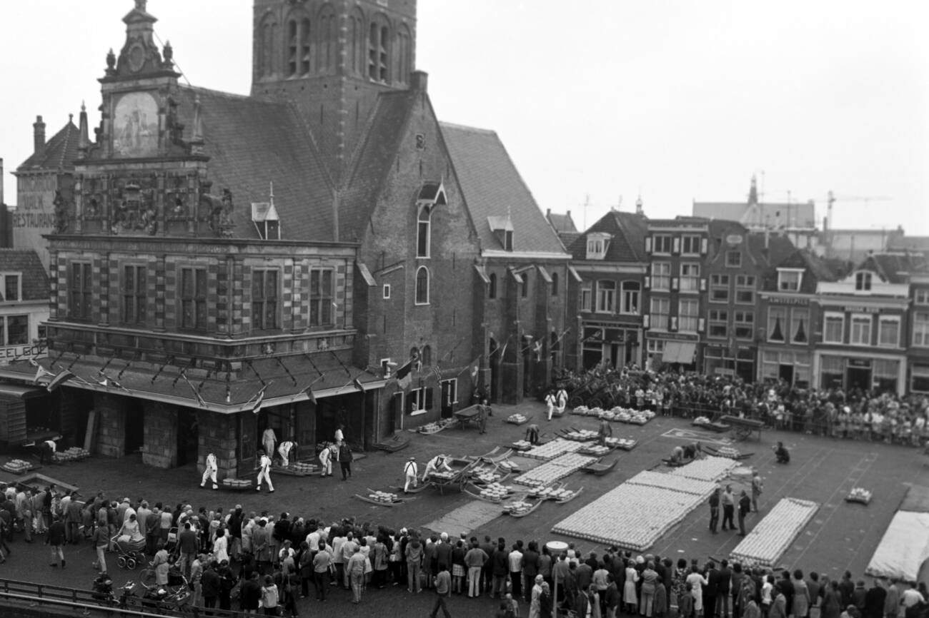 #97 Members of a traditional Cheeseguild preparing for the market in Alkmaar, The Netherlands in 1971.