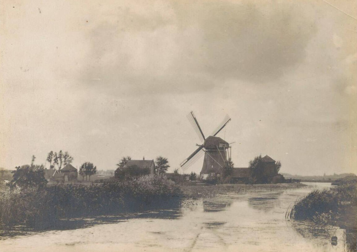 #98 View of a windmill and farms on a river, Netherlands, 1900