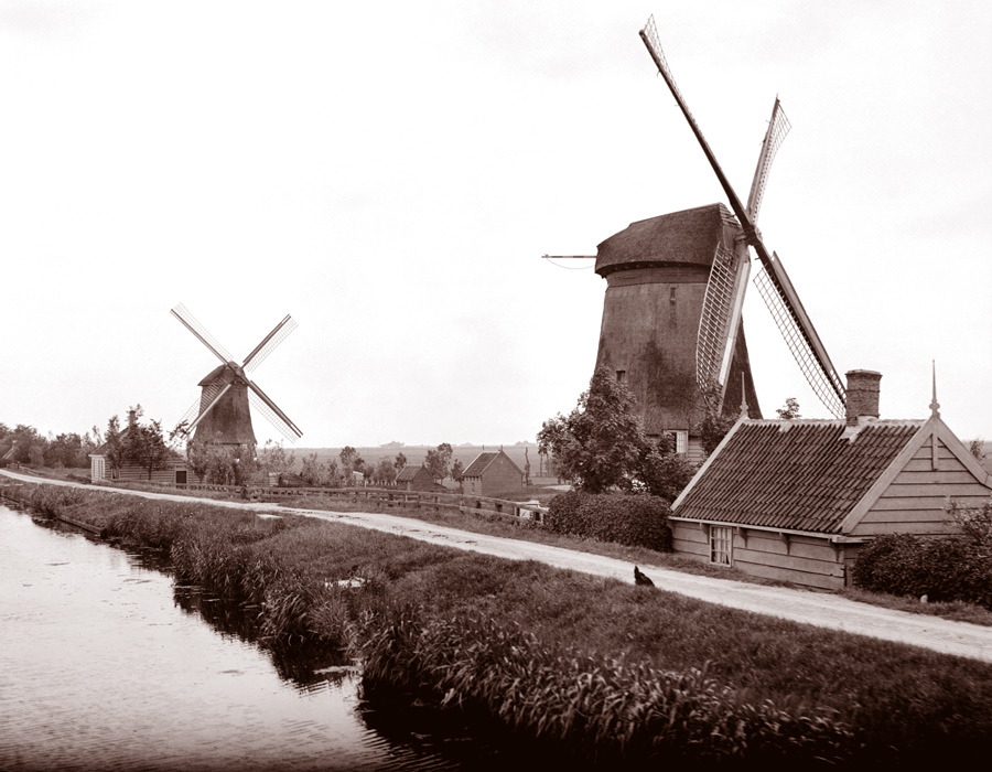 #145 Two windmills along a canal in Landsmeer