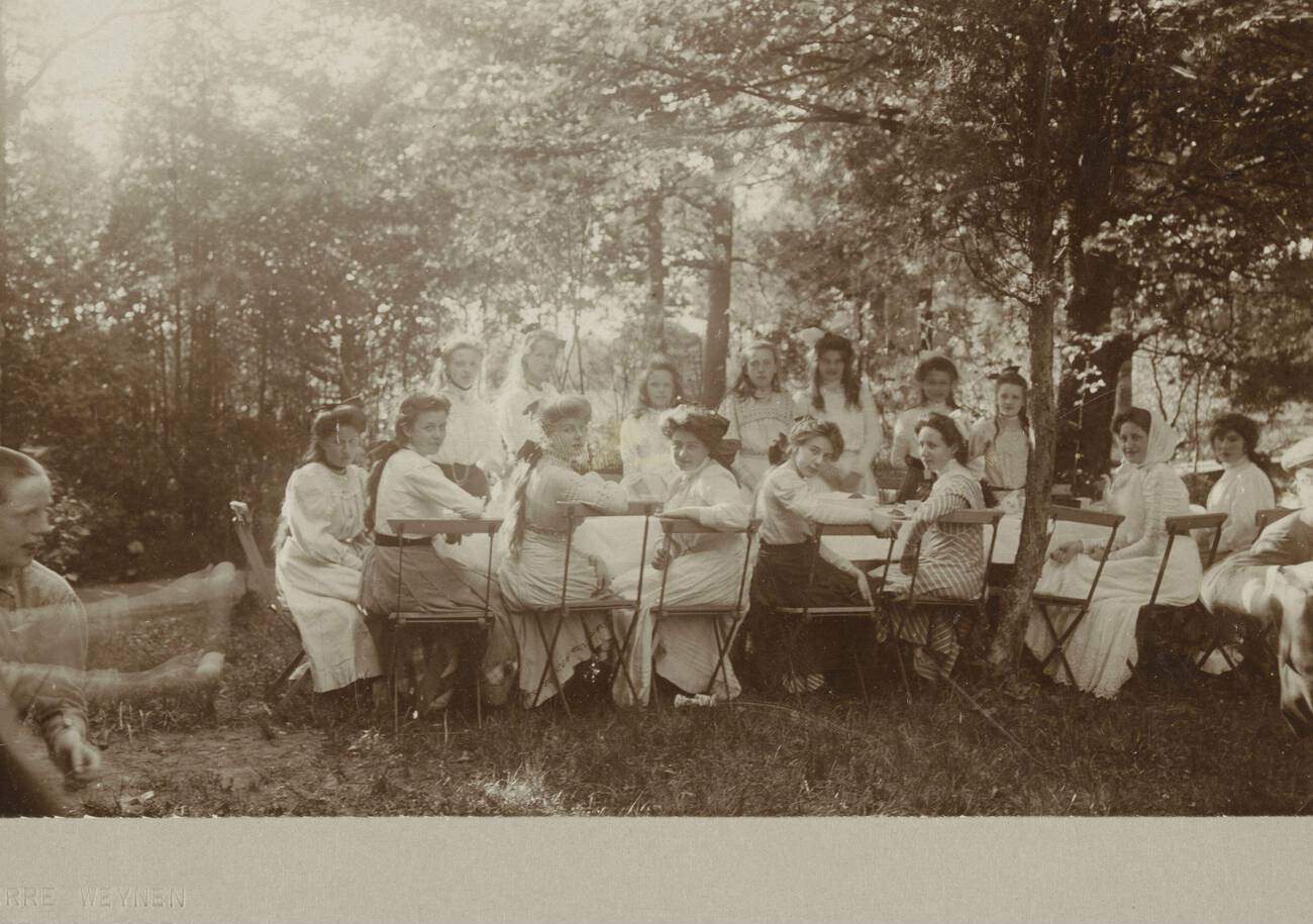 #33 Young women at table in a forest or park, Pierre Weijnen (mentioned on object), Netherlands, 1900
