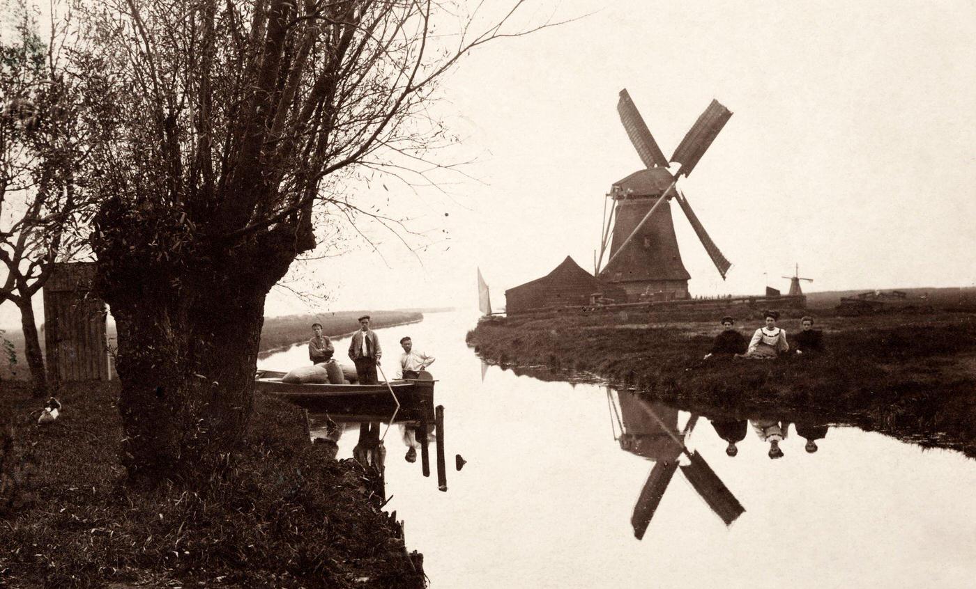 #67 A canal with a windmill in Wormer, north of Amsterdam, Netherlands, 1908