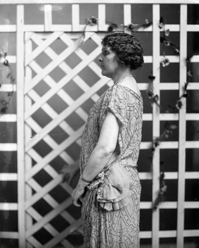 #27 Portrait in profile of a woman in beaded dress, 1915