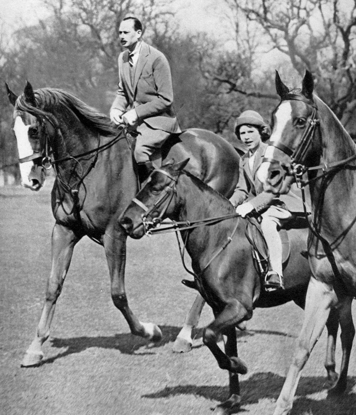 #86 The Duke of Gloucester riding with Princess Elizabeth in Windsor Great Park, 1936.