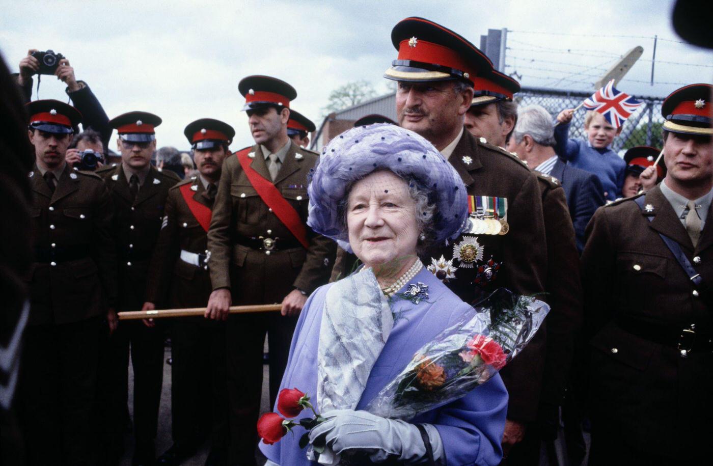 #128 The Queen Mother visiting the Royal Anglian Regiment at Hyderabad barracks in Colchester, England, 1983.