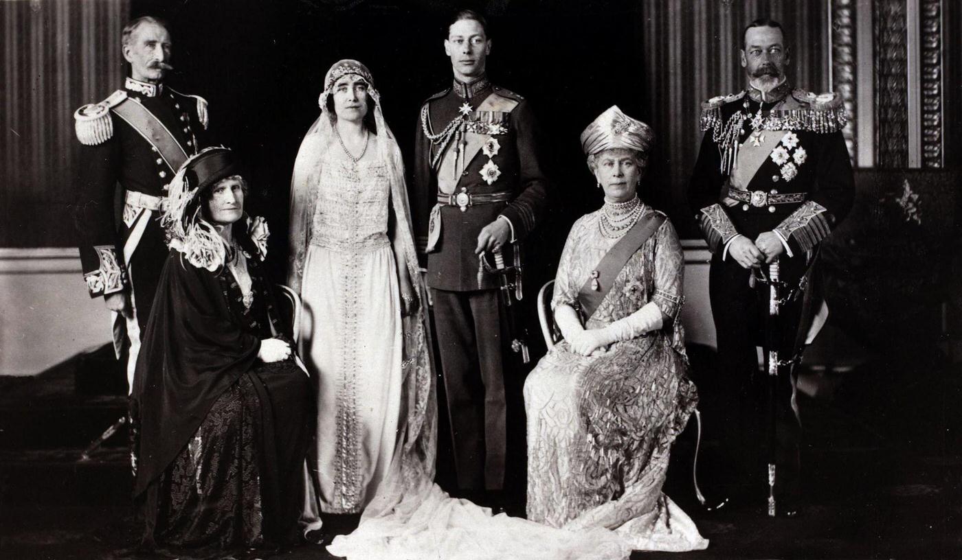 #35 Wedding of Duke of York and Lady Elizabeth Bowes-Lyon, group includes Earl and Countess of Strathmore, Duke and Duchess of York, King George V and Queen Mary