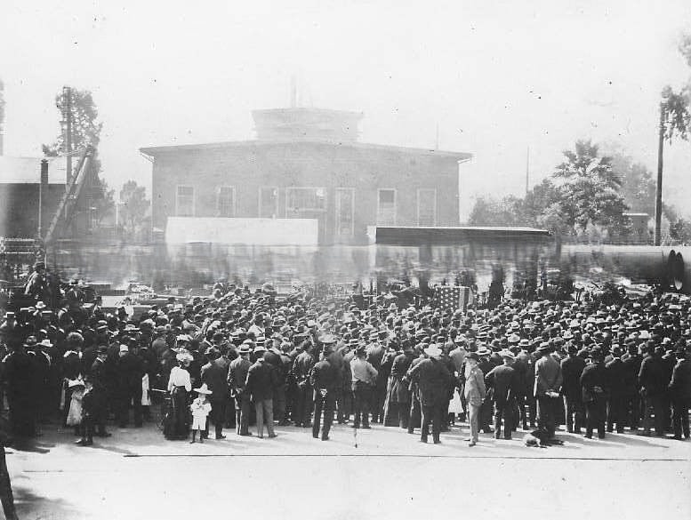 #110 A memorial service taking place for C.P. Huntington at the Southern Pacific Shops, 1899