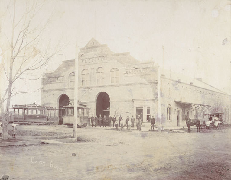 #167 Brick Central Electric Railway Co. barn with two arched entryways and bay window at front,1892