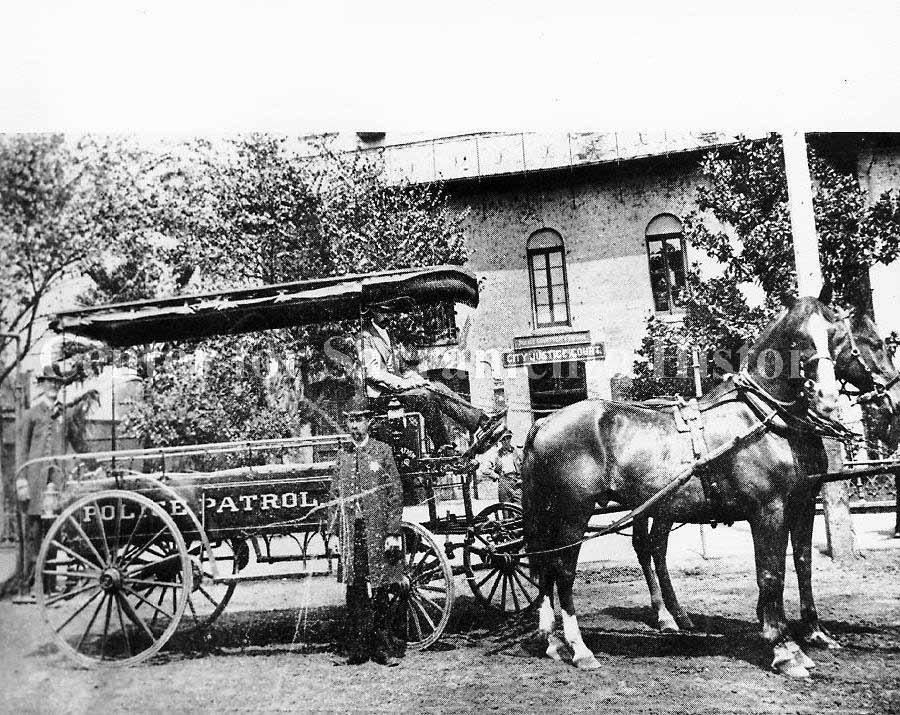 Patrol Wagon, 1895. This horse-drawn wagon was the police department’s first vehicle. Dubbed the ‘Black Maria’, it served as prisoner transport and ambulance.