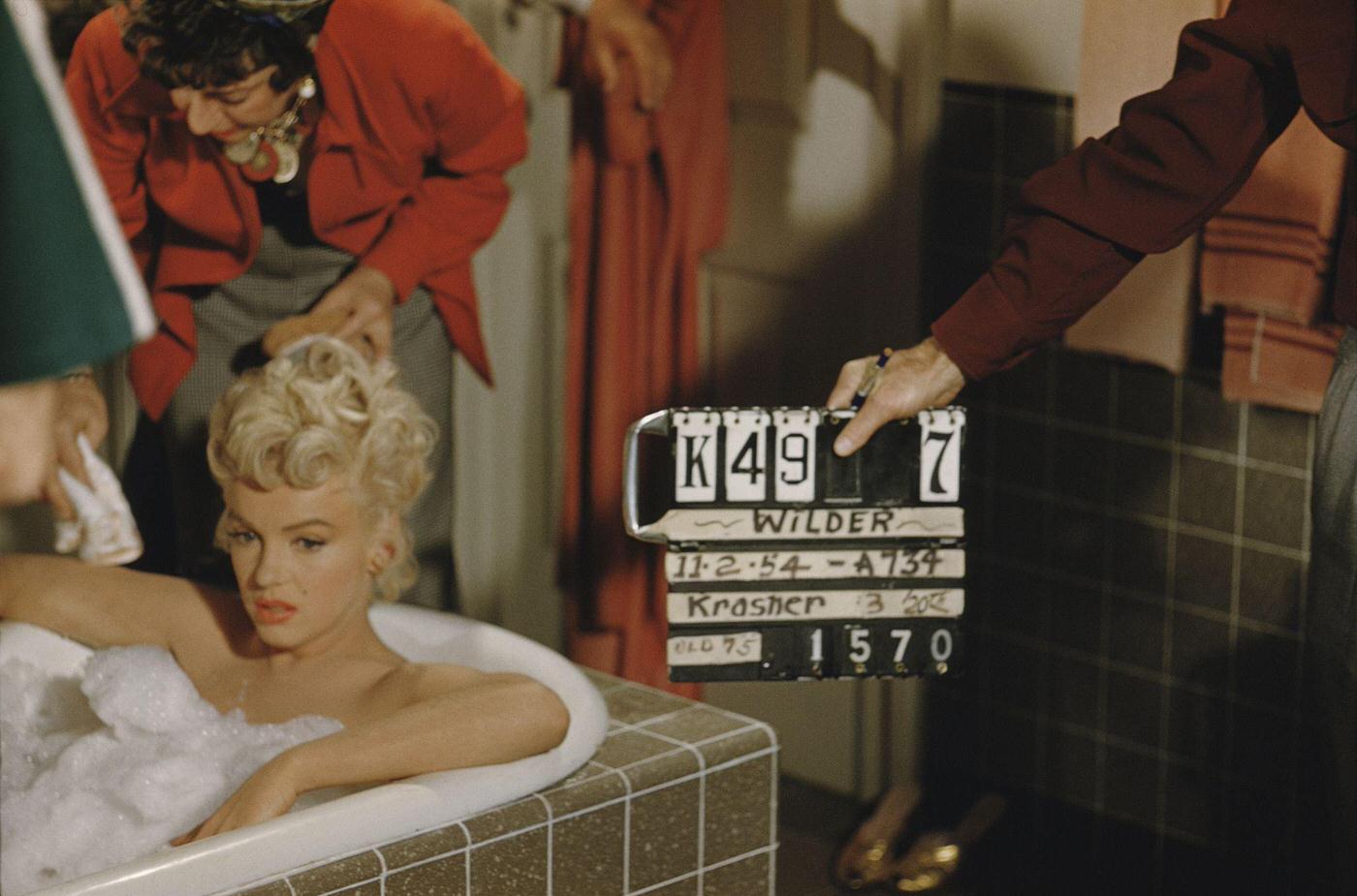 Marilyn Monroe sits in a bubble bath in 1954 during the filming of “The Seven Year Itch”