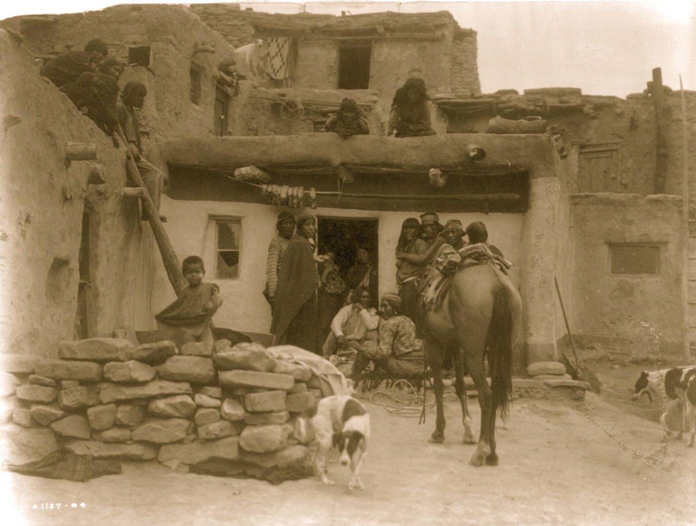#16 Hopi adults gather outside doorway, children on roof, dogs and horse in foreground, 1905