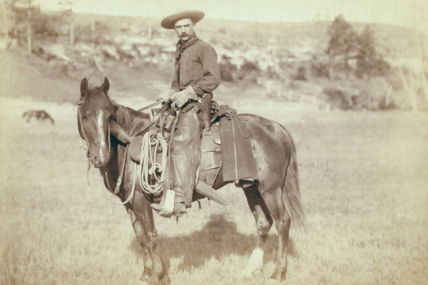 #42 Cowboy on a horse, looking towards the camera, United States, 1890.