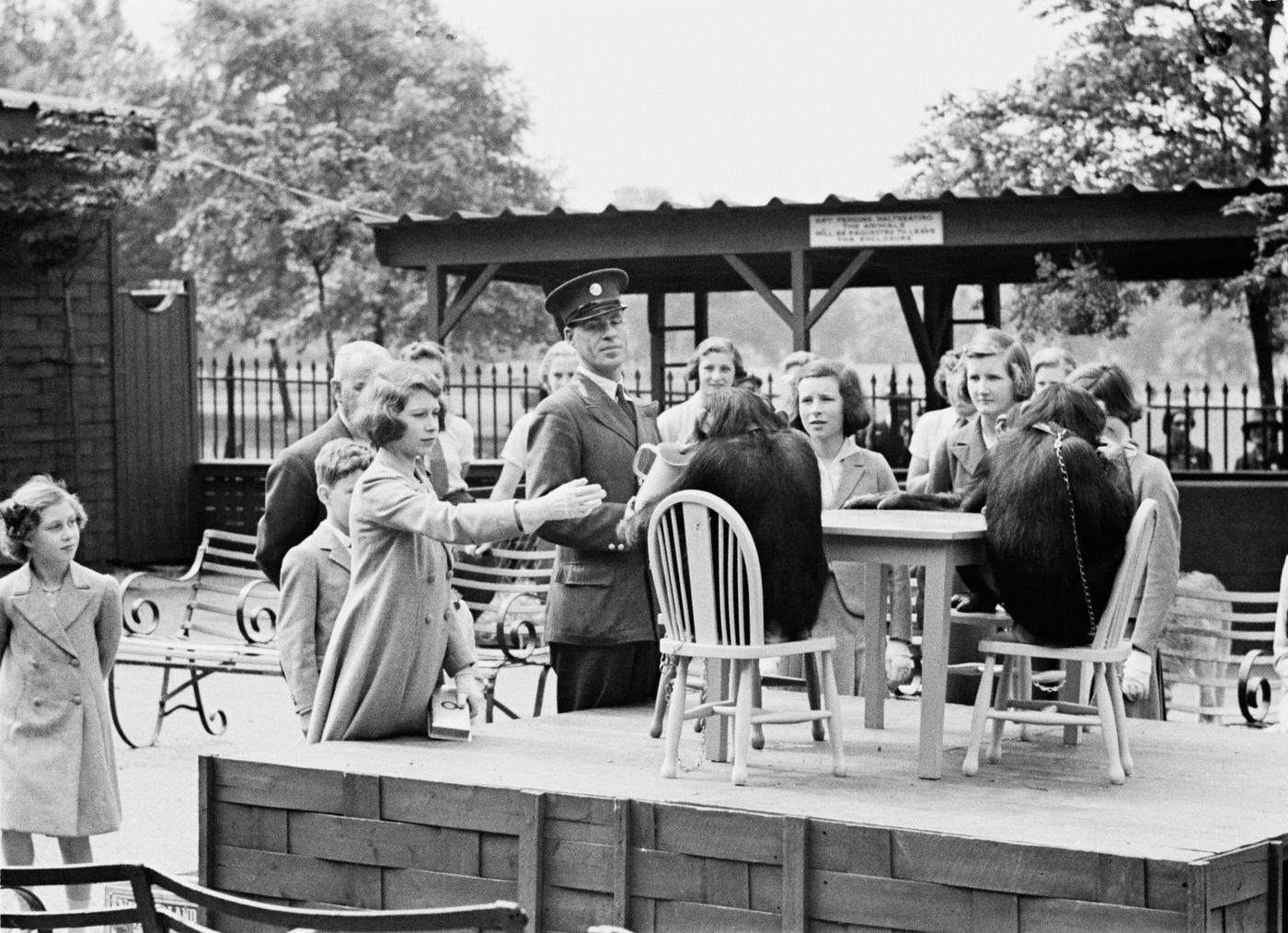 #109 Princesses at the Zoo: Princess Elizabeth, later Queen Elizabeth II, reaches out to a chimpanzee during a visit to London Zoo, 10th May 1939, with Princess Margaret (far left).