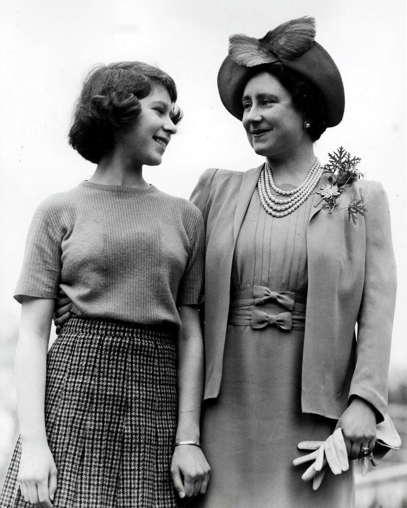 #38 Queen Elizabeth The Queen Mother (1900-2002) posed together with her daughter, Princess Elizabeth, at Royal Lodge, Windsor, Berkshire, April 1940.