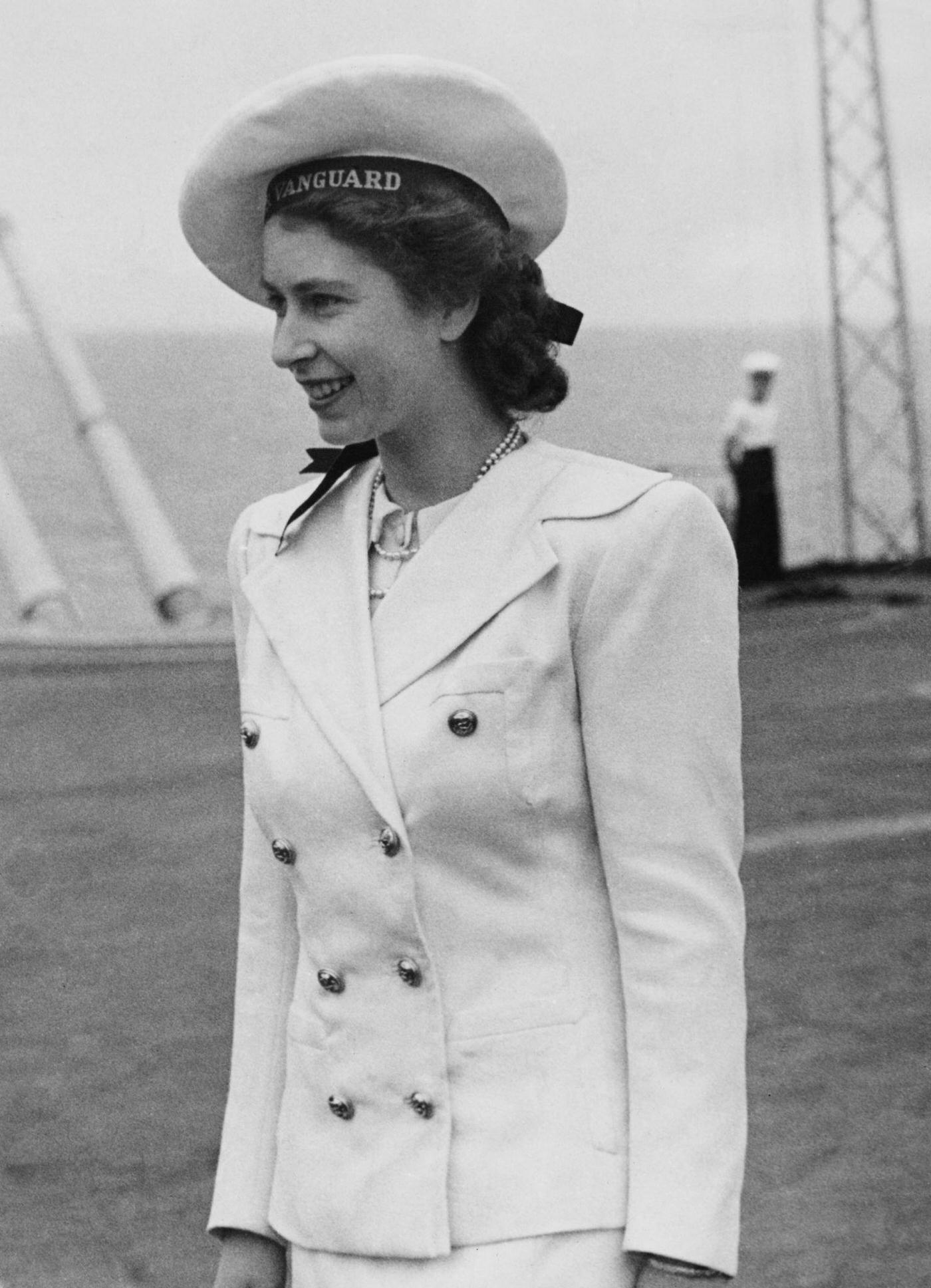 #94 Princess Elizabeth on board the Royal Navy aircraft carrier HMS Implacable during a visit by the royal family from HMS Vanguard, which is taking them to South Africa, 17 February 1947.