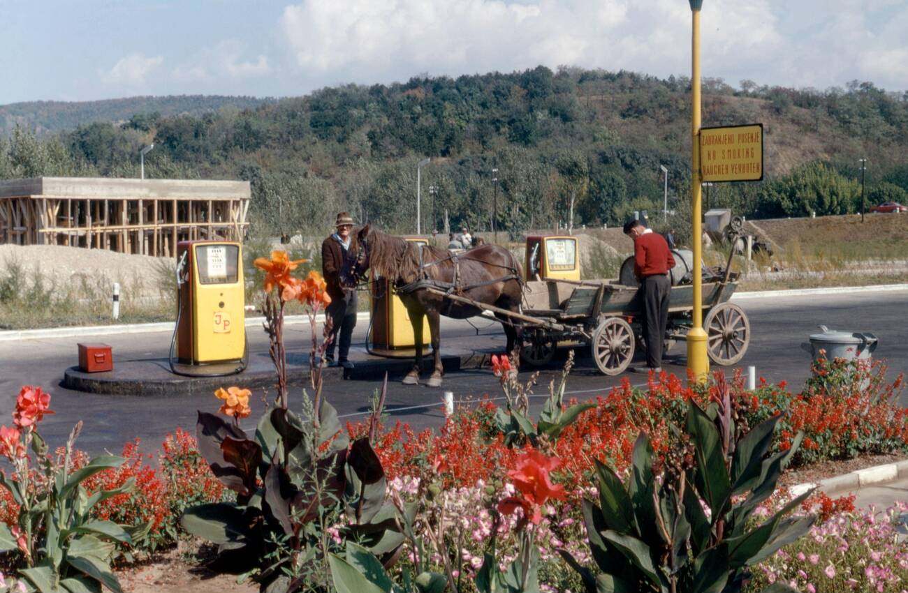 #46 A horse and cart stopped at a garage to fill up with petrol or gas! This amusing scene is located in the former Yugoslavia in 1967.