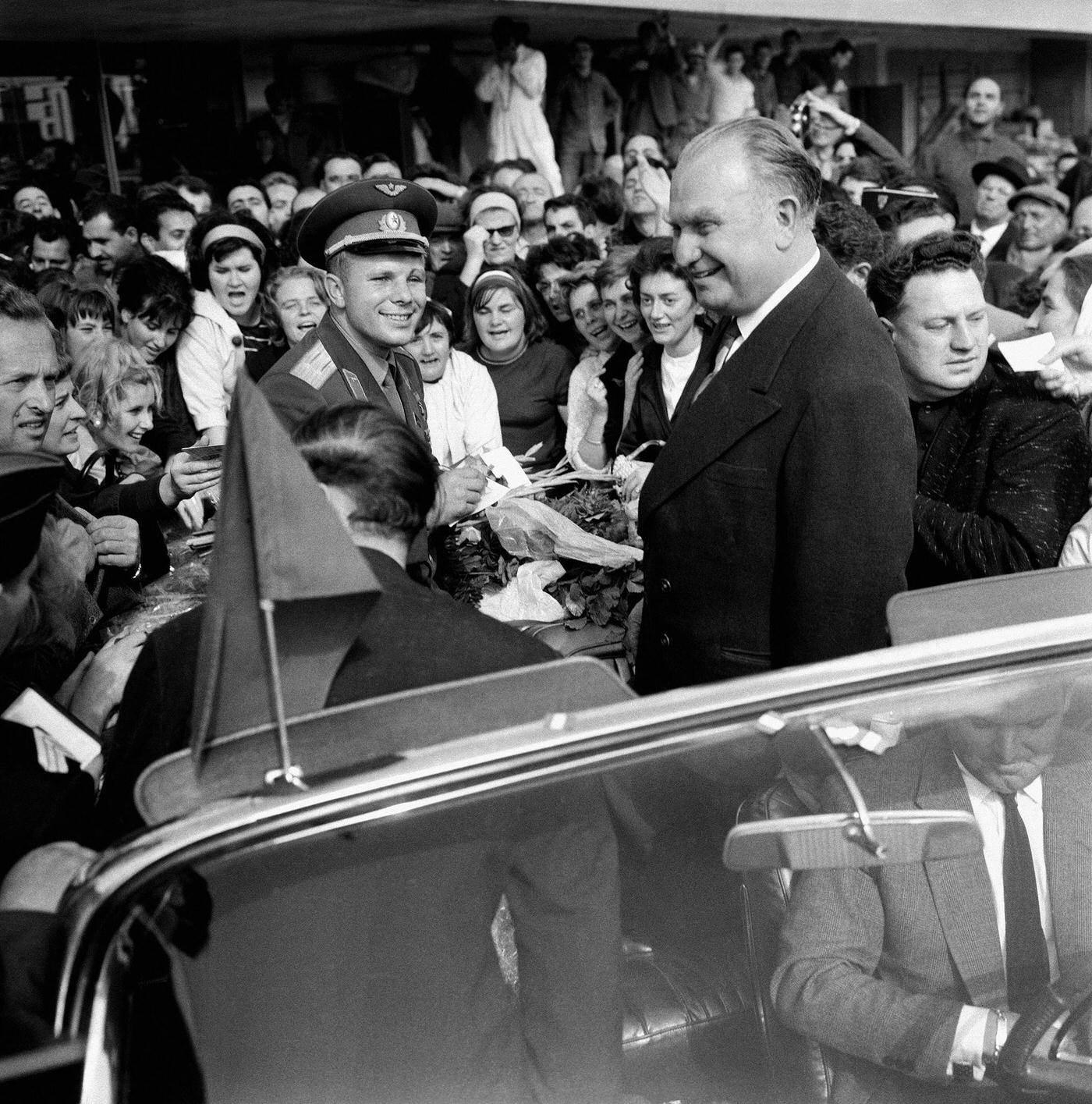 #11 Arrival of Russian cosmonaut Yuri Gagarin at Le Bourget airport, welcomed by Russian ambassador in France Sergei Vinogradov, 1963
