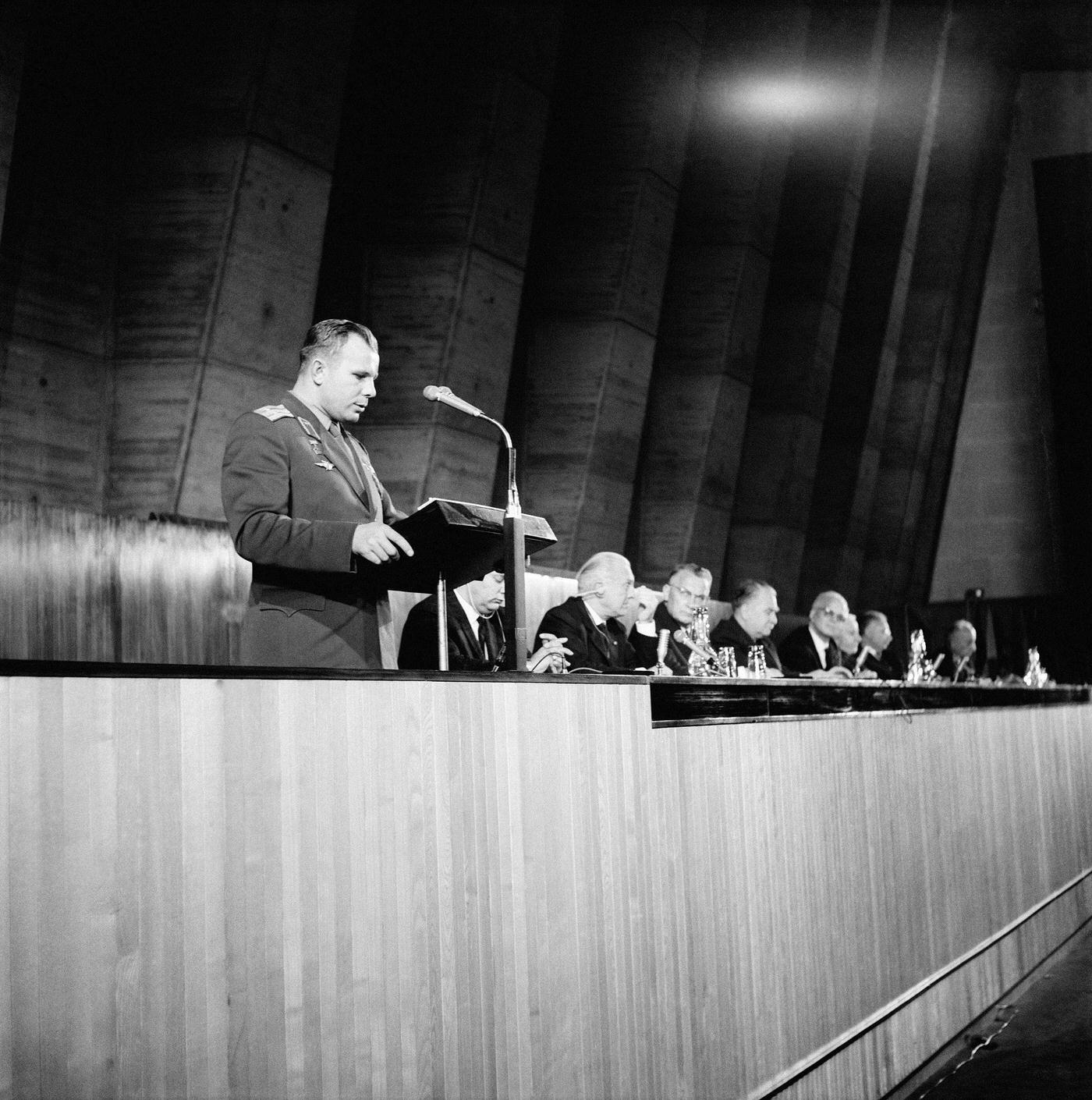 #8 Russian Cosmonaut Yuri Gagarin at the UNESCO Palace during the XIVth Astronautics Conference in Paris, France, 1963