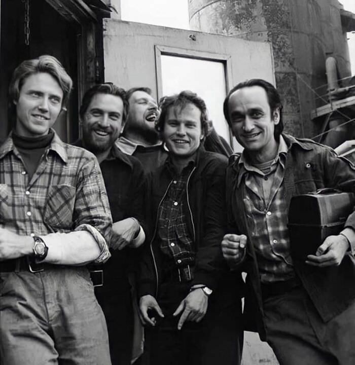 #13 Christopher Walken, Robert De Niro, Chuck Aspegren, John Savage, and John Cazale on the set of The Deer Hunter, 1978