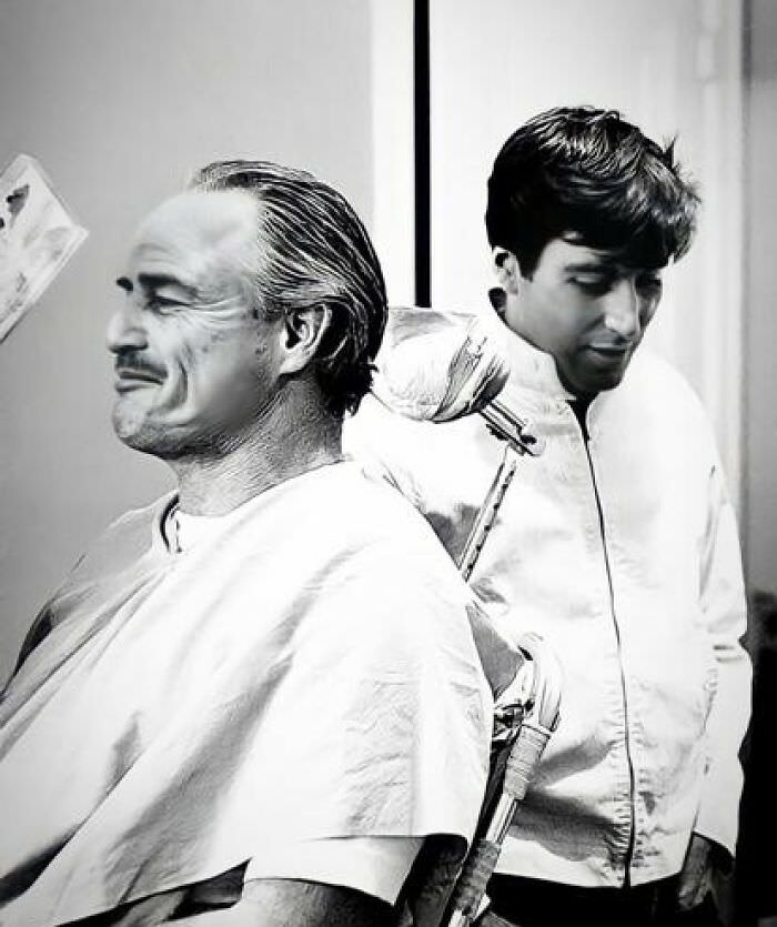 #19 Marlon Brando and Al Pacino on the set of The Godfather, 1972