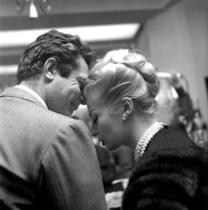 #76 Marcello Mastroianni and Anita Ekberg at a press event for the Federico Fellini comedy-drama La Dolce Vita held at the Martini Terrace in Milan, Italy on February 5th, 1960