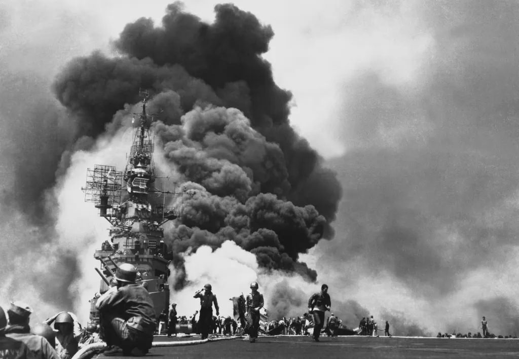 #24 USS Bunker Hill After Kamikaze Attacks, 1945