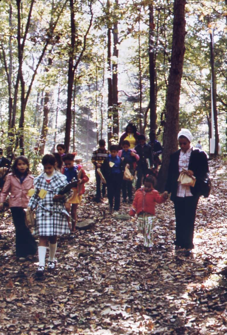 #125 At high rock park on staten island, a member of a group from a new york city public school takes a close look at a bed of flowers. School children are frequent visitors to the park, 1970s