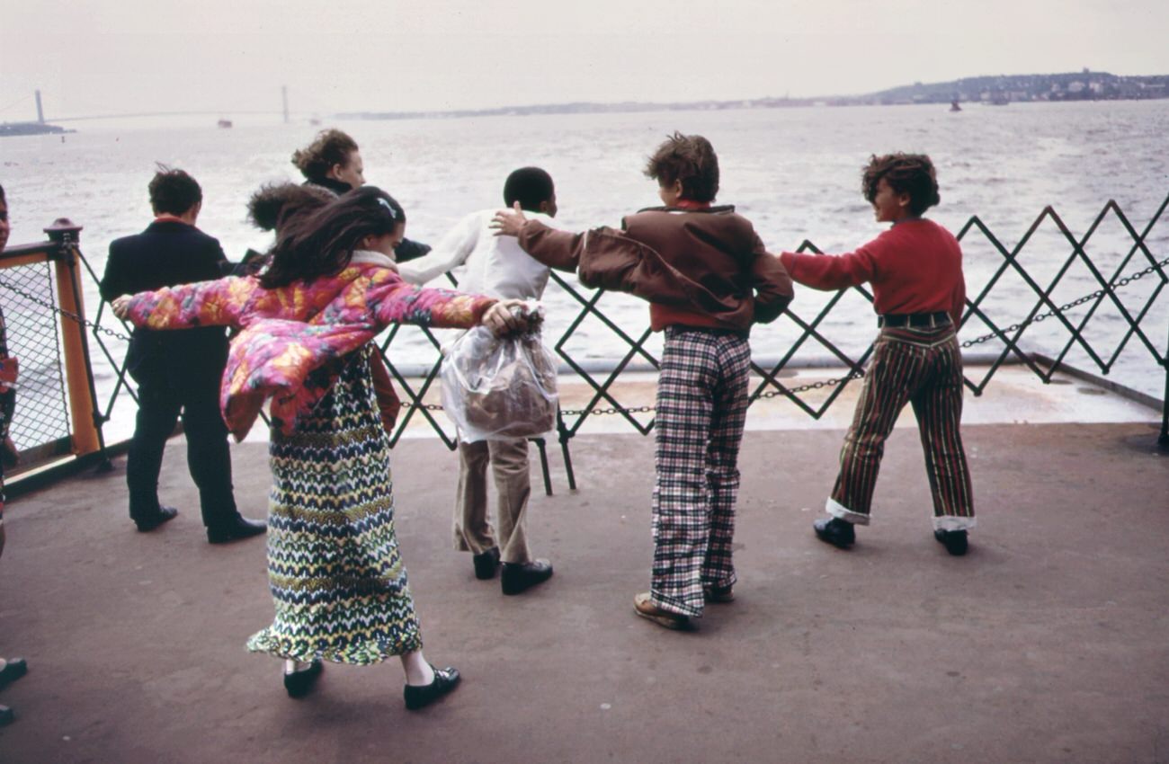 #43 School excursion on the staten island ferry, crossing upper new york bay, 1970s
