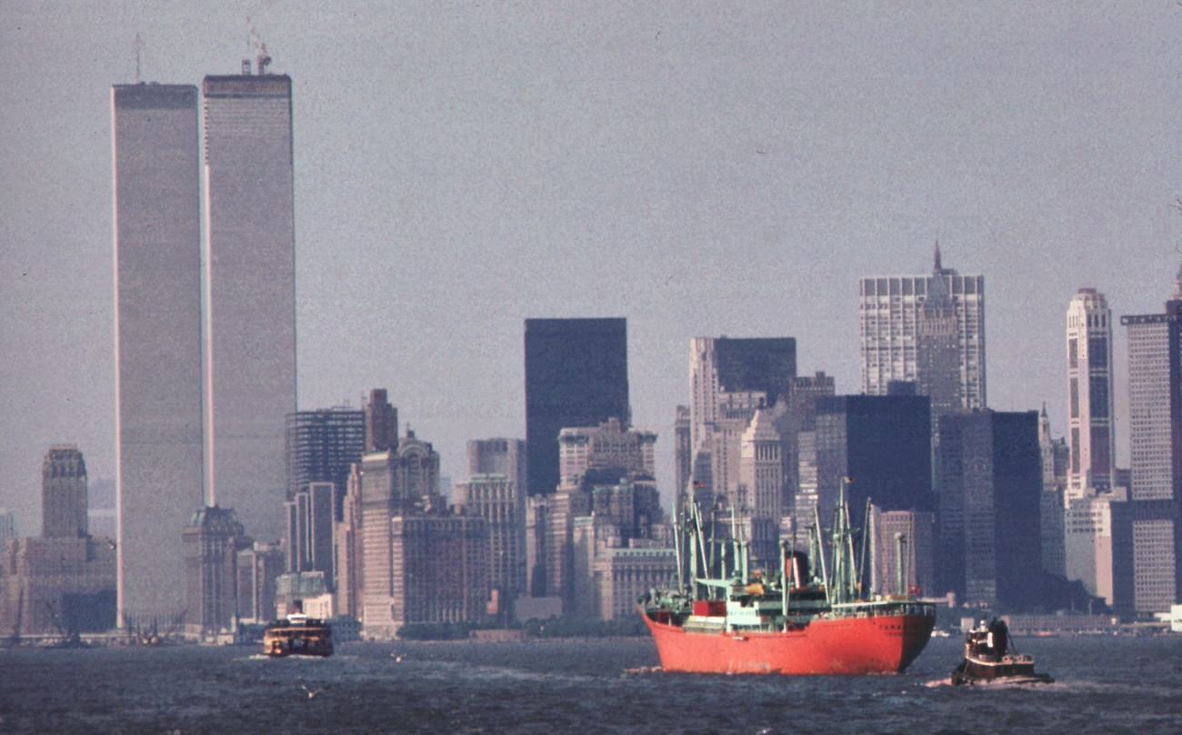#60 World trade center (left) and lower hudson river shipping seen from the staten island ferry, 1970s