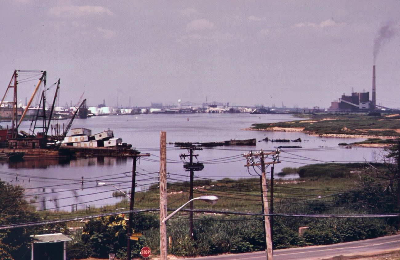 #97 Arthur kill road on staten island, looking north. This is an area of high density petrochemical shipping and industry, with an attendant high level of pollution, 1970s