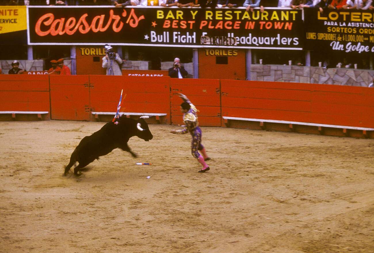 #7 A man fights a bull in Tijuana, Mexico in 1960.
