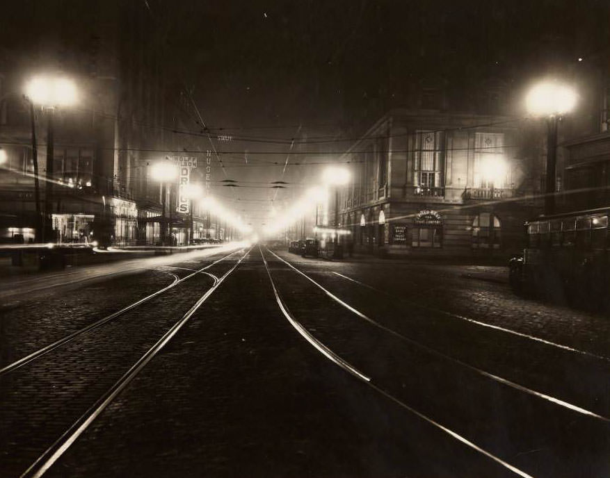 #2 View of Washington Ave. at night looking west from its intersection with Third St, 1930