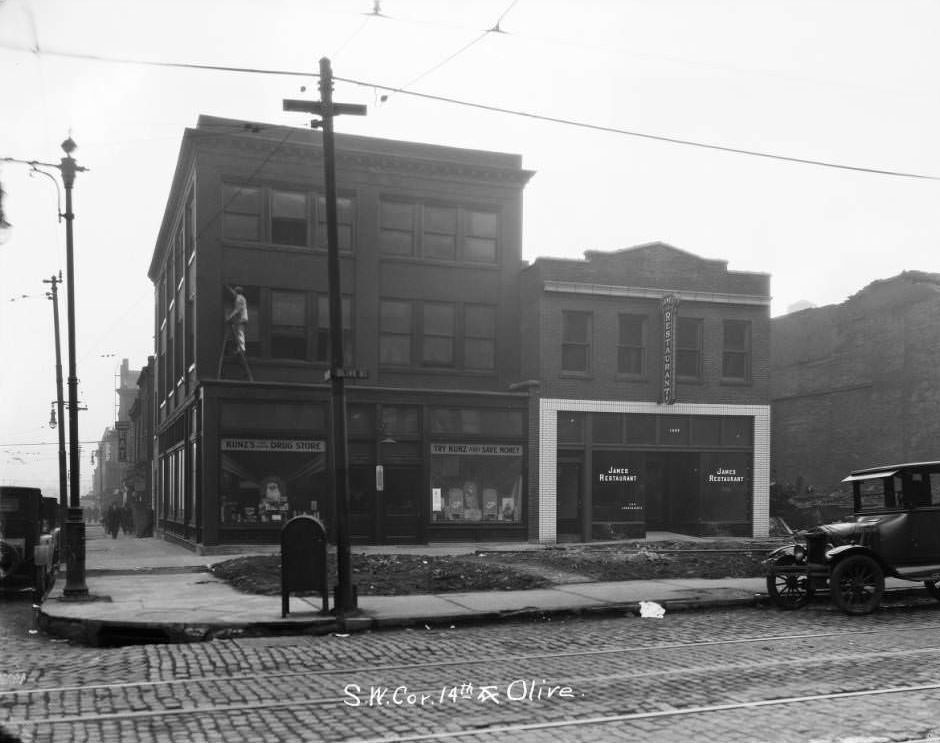 #73 View of southwest corner of 14th and Olive St, 1930